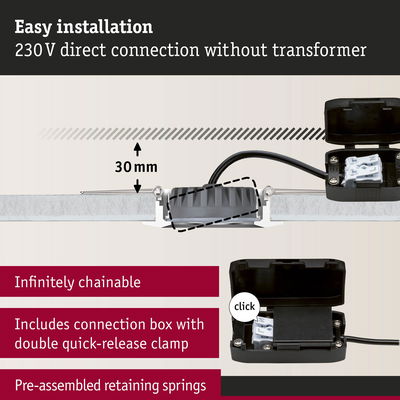 Diagram showing 230V direct connection with quick-release clamp and connection box for LED lighting system