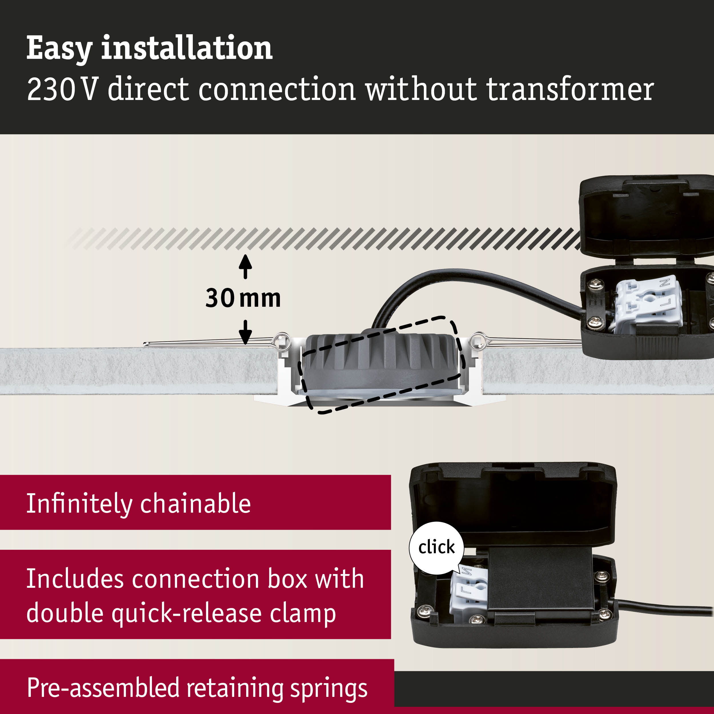 Black connection box with double quick-release clamp for easy 230V direct electrical installation