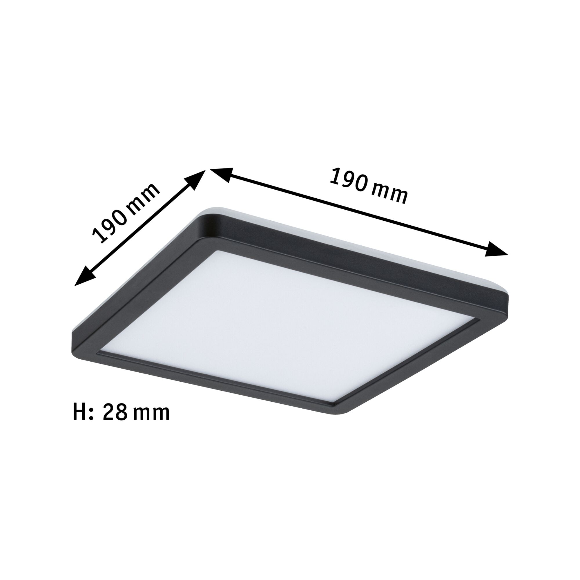 Plafonnier LED carré noir avec diffuseur blanc, dimensions 190x190x28 mm, éclairage moderne