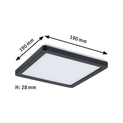 Plafonnier LED carré noir avec diffuseur blanc, dimensions 190x190x28 mm, éclairage moderne