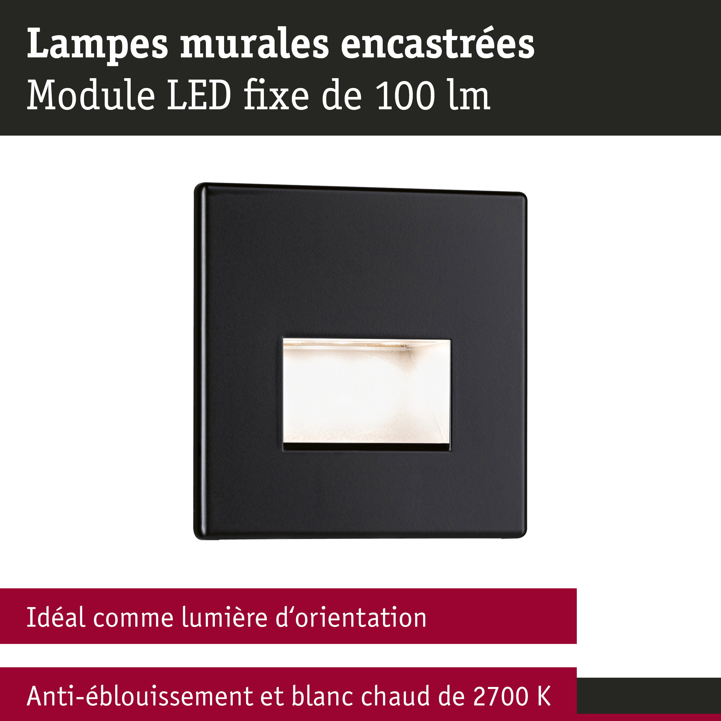 Lampe murale LED noire en métal 100 lm, anti-éblouissement et lumière blanc chaud 2700 K