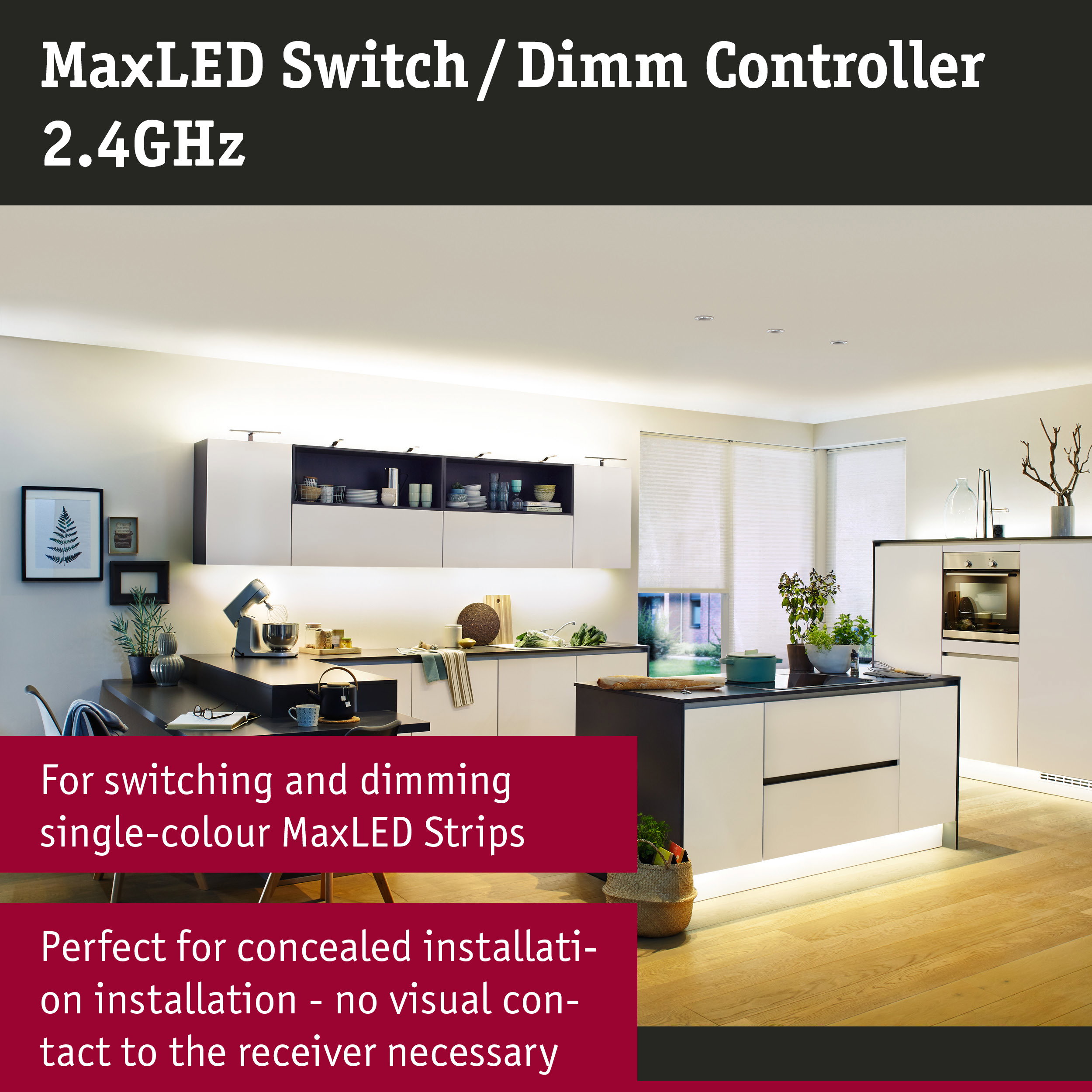 Modern white kitchen with LED lighting and MaxLED Switch Dimm Controller for light control