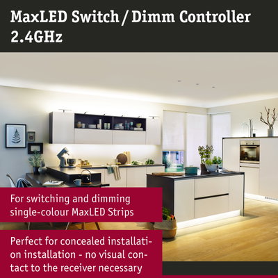 Modern white kitchen with LED lighting and MaxLED Switch Dimm Controller for light control