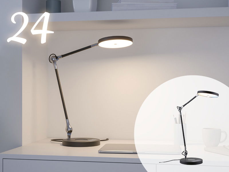 Moderne schwarze LED-Schreibtischlampe aus Metall mit verstellbarem Arm auf weißem Tisch für Bürobeleuchtung