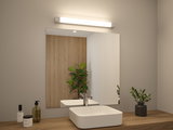 Modern bathroom with white ceramic sink, wooden countertop, and LED mirror light fixture