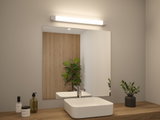 Modernes Badezimmer mit weißem Keramik-Waschbecken, Holzarbeitsplatte und LED-Spiegelleuchte
