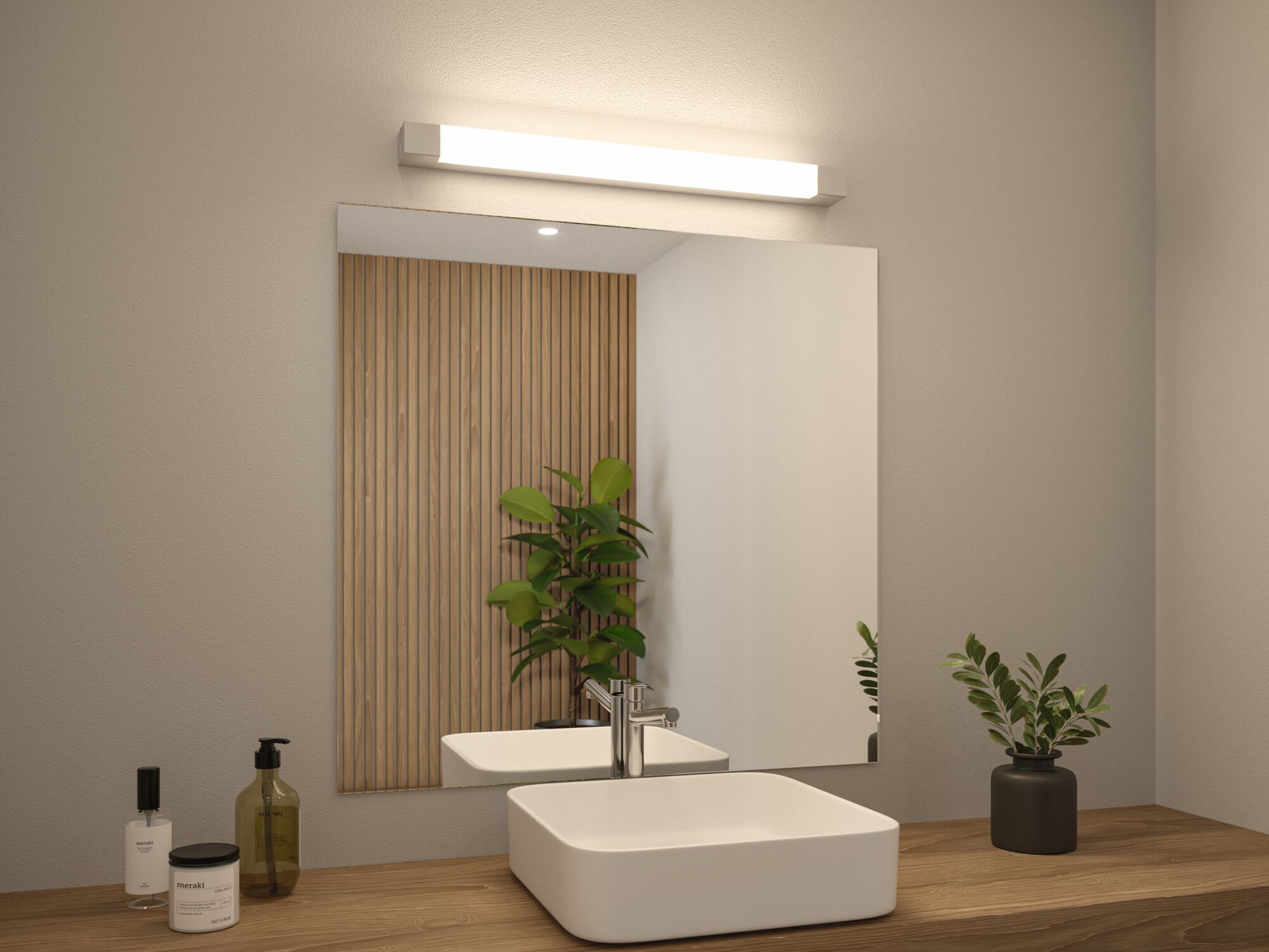 Weißes LED-Badezimmerlicht über Spiegel mit Holzarbeitsplatte und Pflanzen für moderne Badbeleuchtung