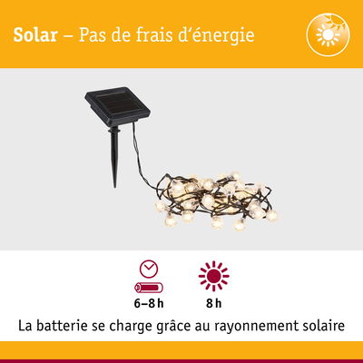 Guirlande LED solaire avec panneau noir et ampoules blanc chaud pour décoration extérieure