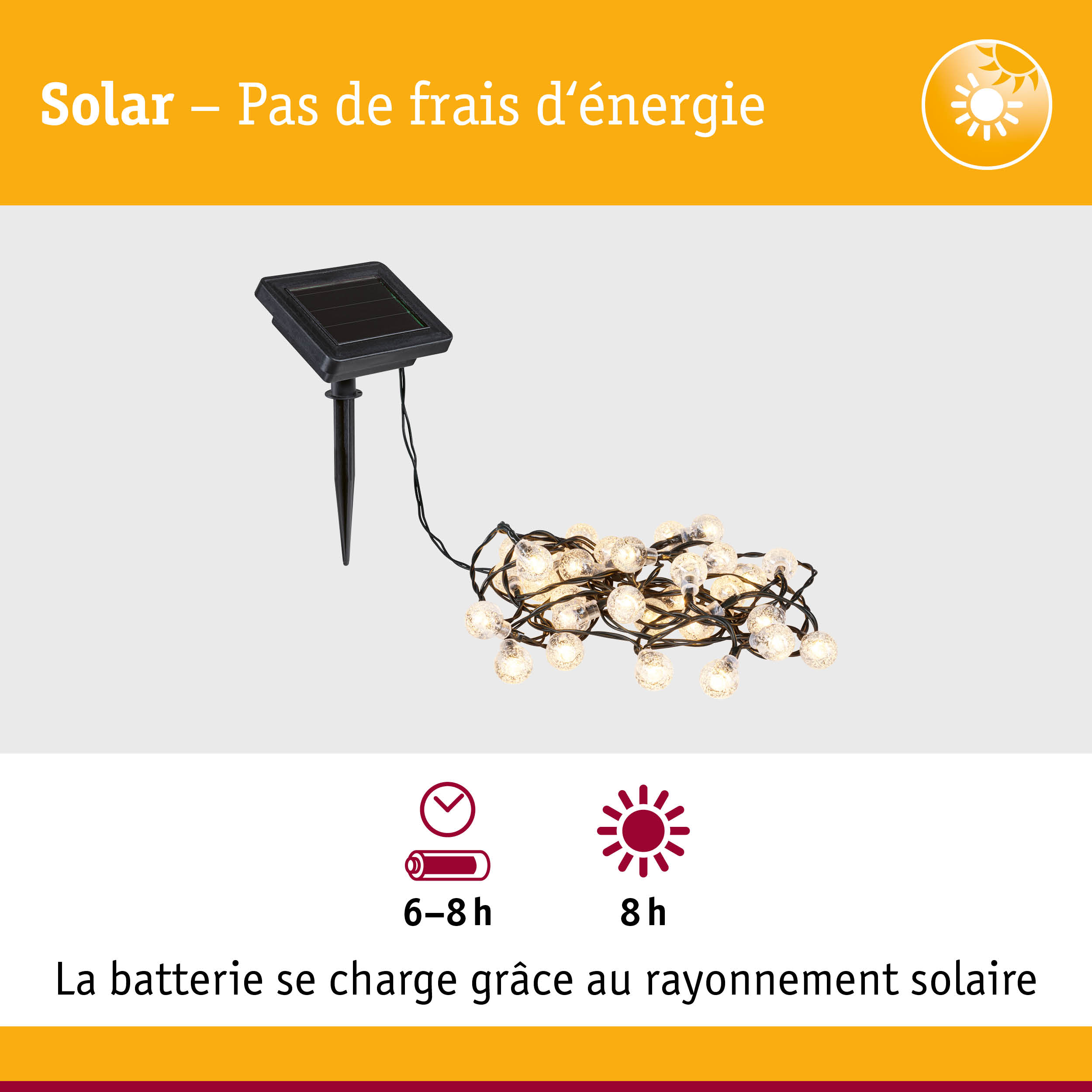 Guirlande LED solaire avec panneau solaire noir et piquet pour éclairage extérieur de jardin