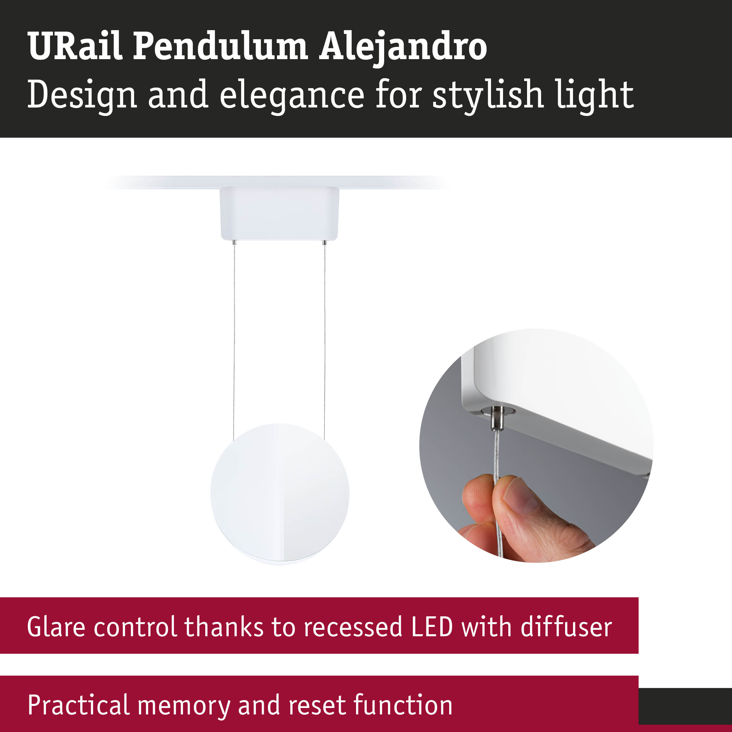 URail Pendulum Alejandro white LED pendant light with glare control and memory reset function