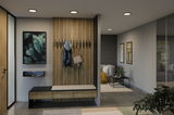 Modern hallway with wooden panel, bench, coat hooks, illuminated by round LED ceiling lights