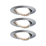 Three round recessed spotlights in brushed silver aluminum for modern LED lighting solutions