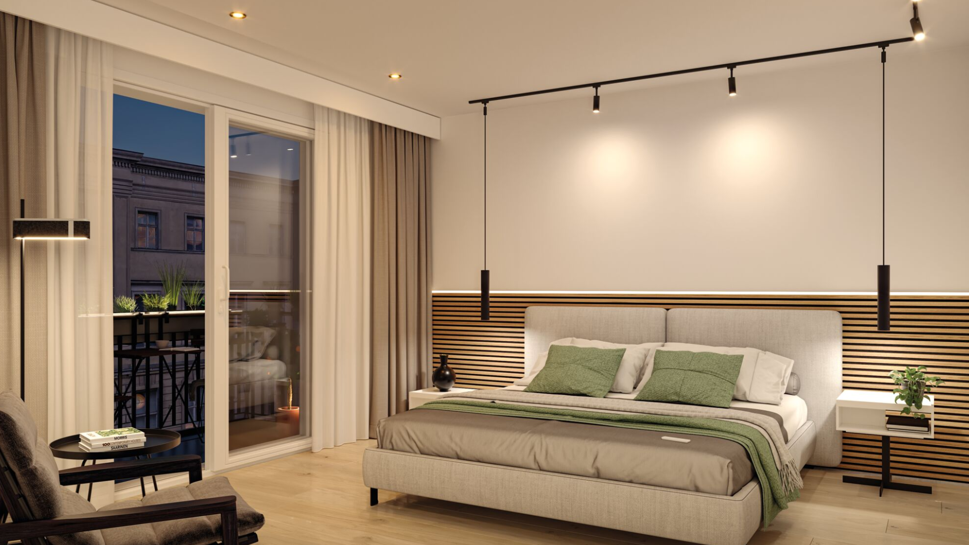 Modern bedroom with beige fabric bed, green cushions, and black LED ceiling track lighting