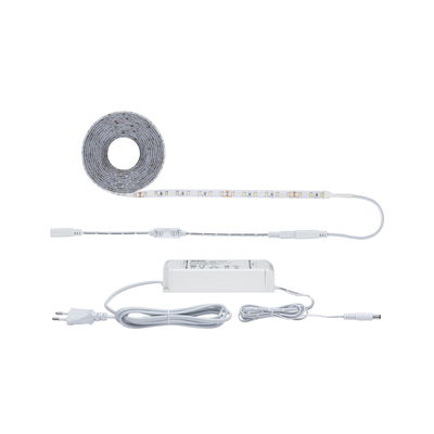 Weißes LED-Lichtband mit Netzteil und Dimmer für flexible Beleuchtungslösungen im Innenbereich