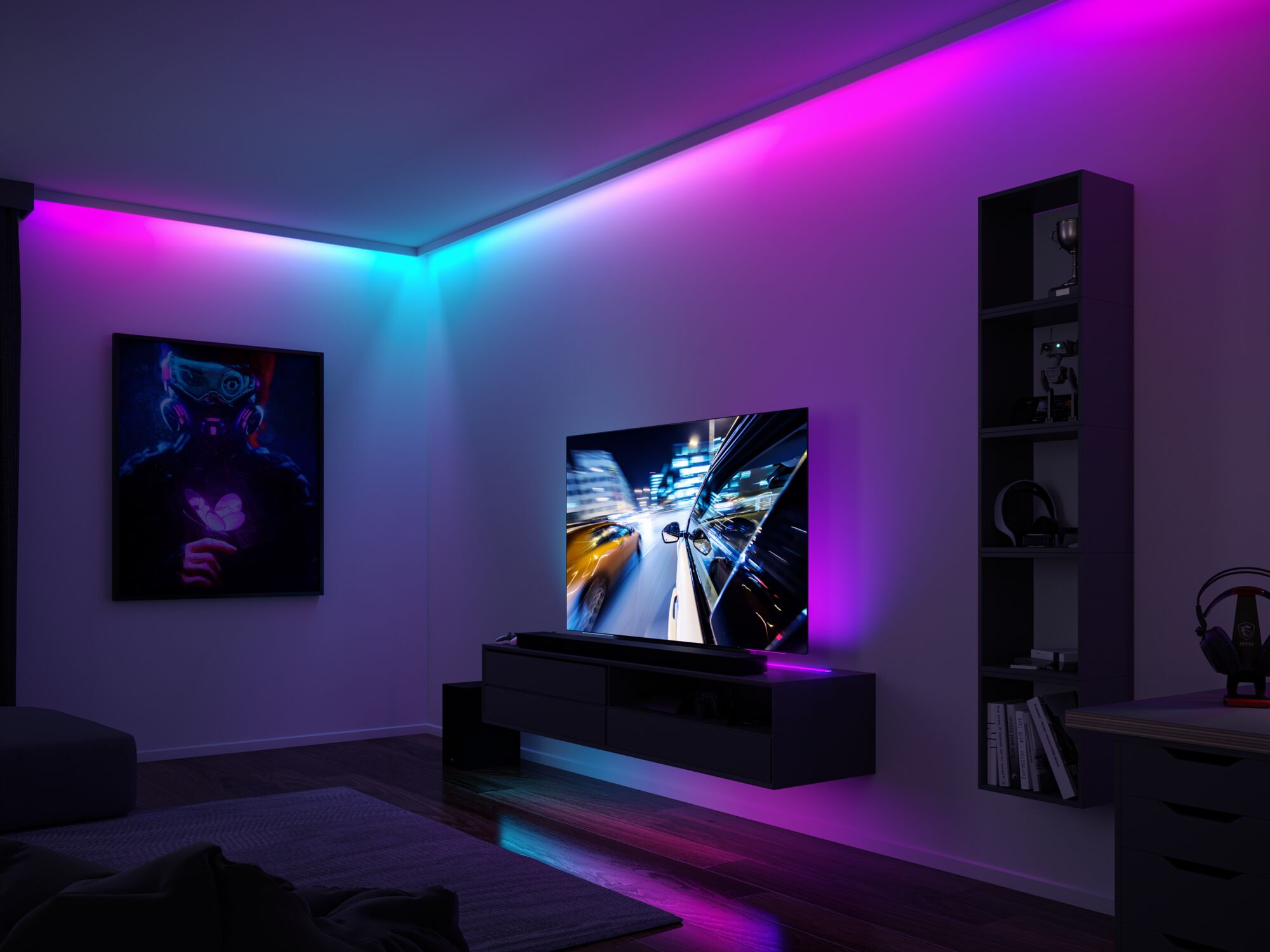 Salon avec bande LED bleue et rose au plafond pour un éclairage d'ambiance moderne