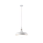 Biała metalowa lampa wisząca z złotym akcentem i ciepłym światłem do nowoczesnych wnętrz