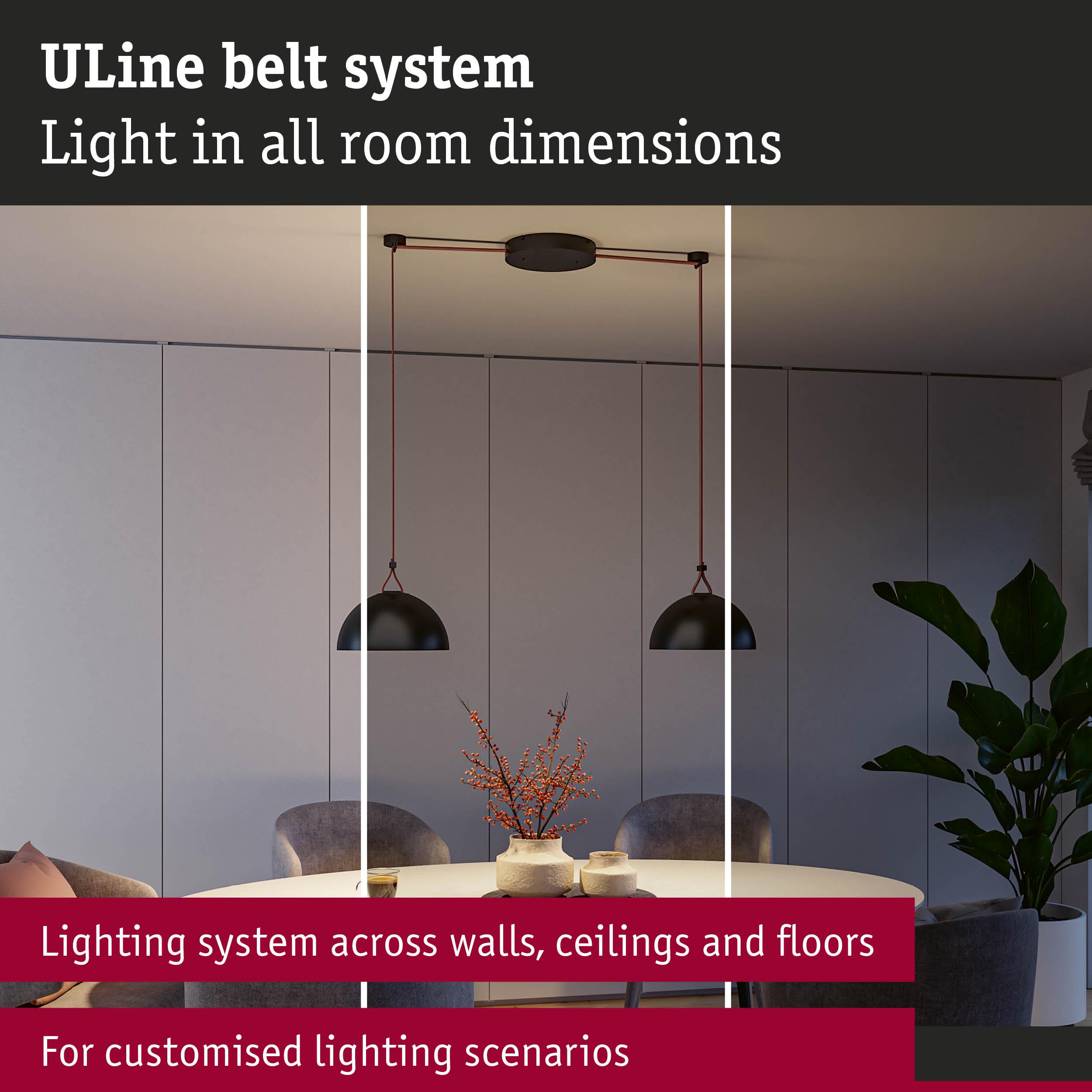 ULine Belt System with black pendant lights over dining table for customizable room lighting