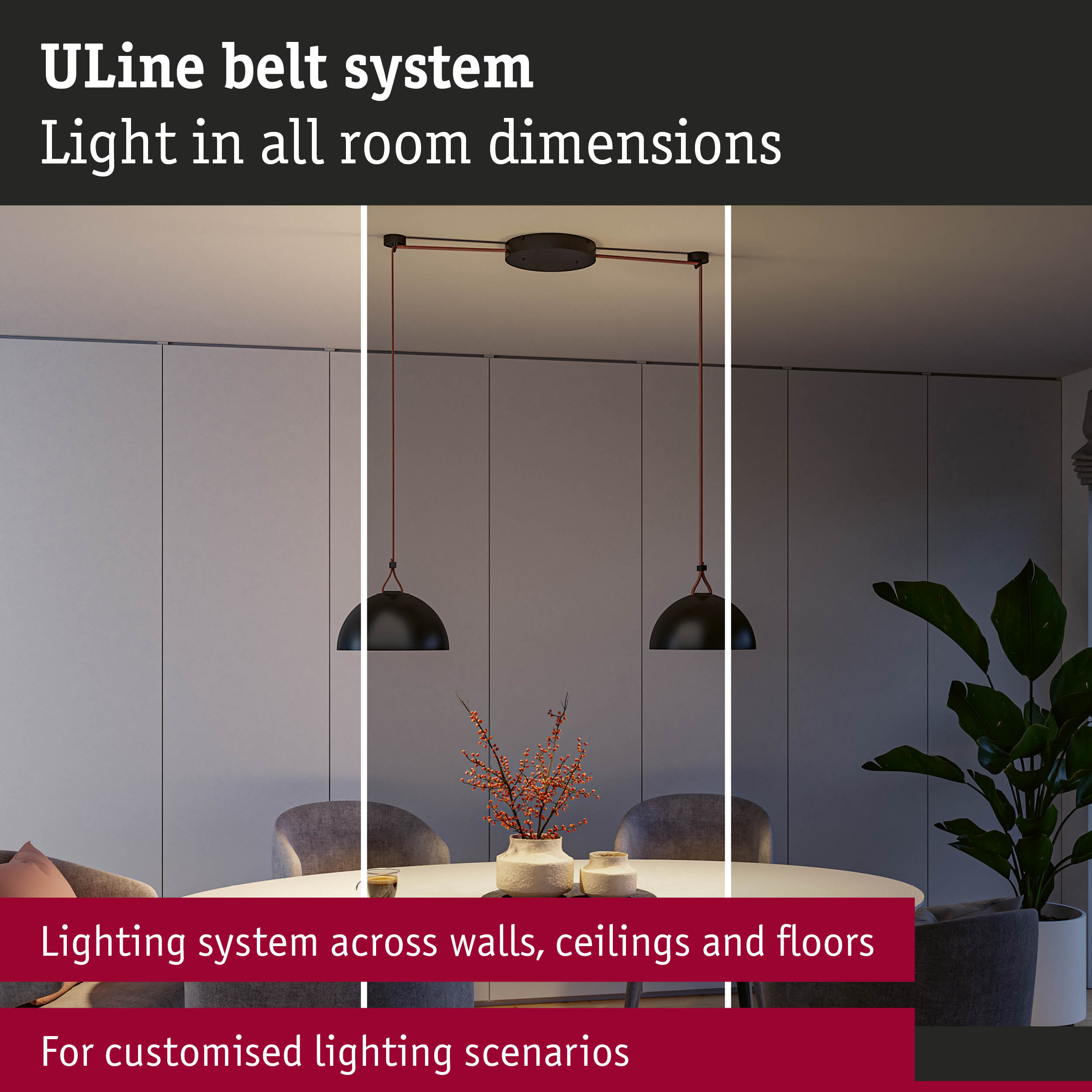 Modern ULine lighting system with black pendant lamps and red cable in living room interior
