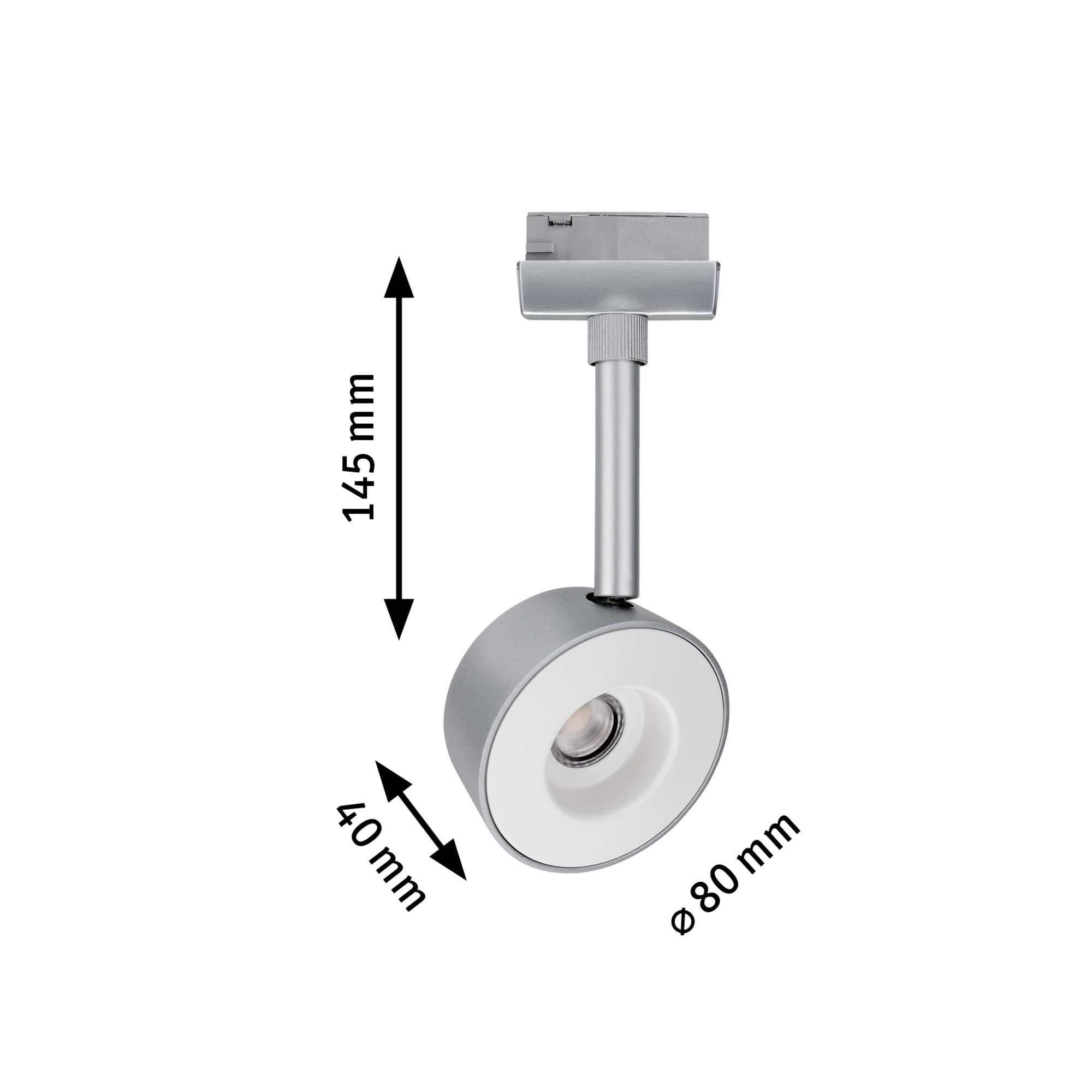 Moderne zilveren LED-spot met 80 mm diameter en 145 mm hoogte voor railsystemen