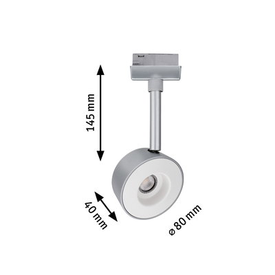 Moderner silberner LED-Strahler mit 80 mm Durchmesser und 145 mm Höhe für Schienensysteme