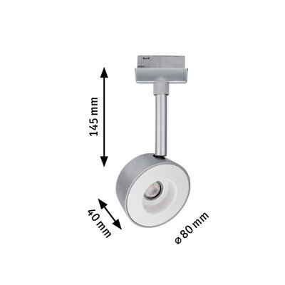 Moderner silberner LED-Strahler mit 80 mm Durchmesser und 145 mm Höhe für Schienensysteme