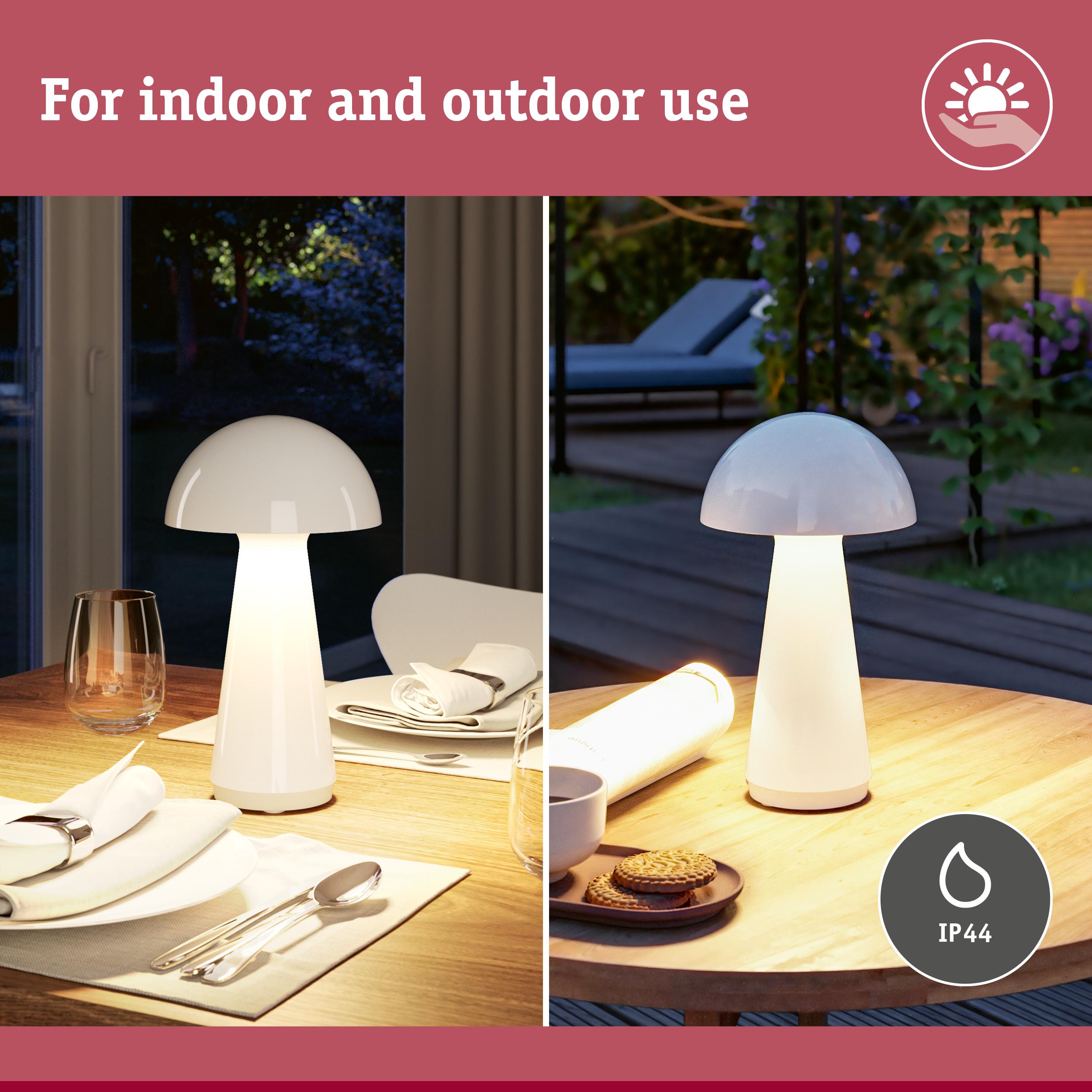 White mushroom-shaped LED table lamp made of plastic for indoor and outdoor use with IP44 rating