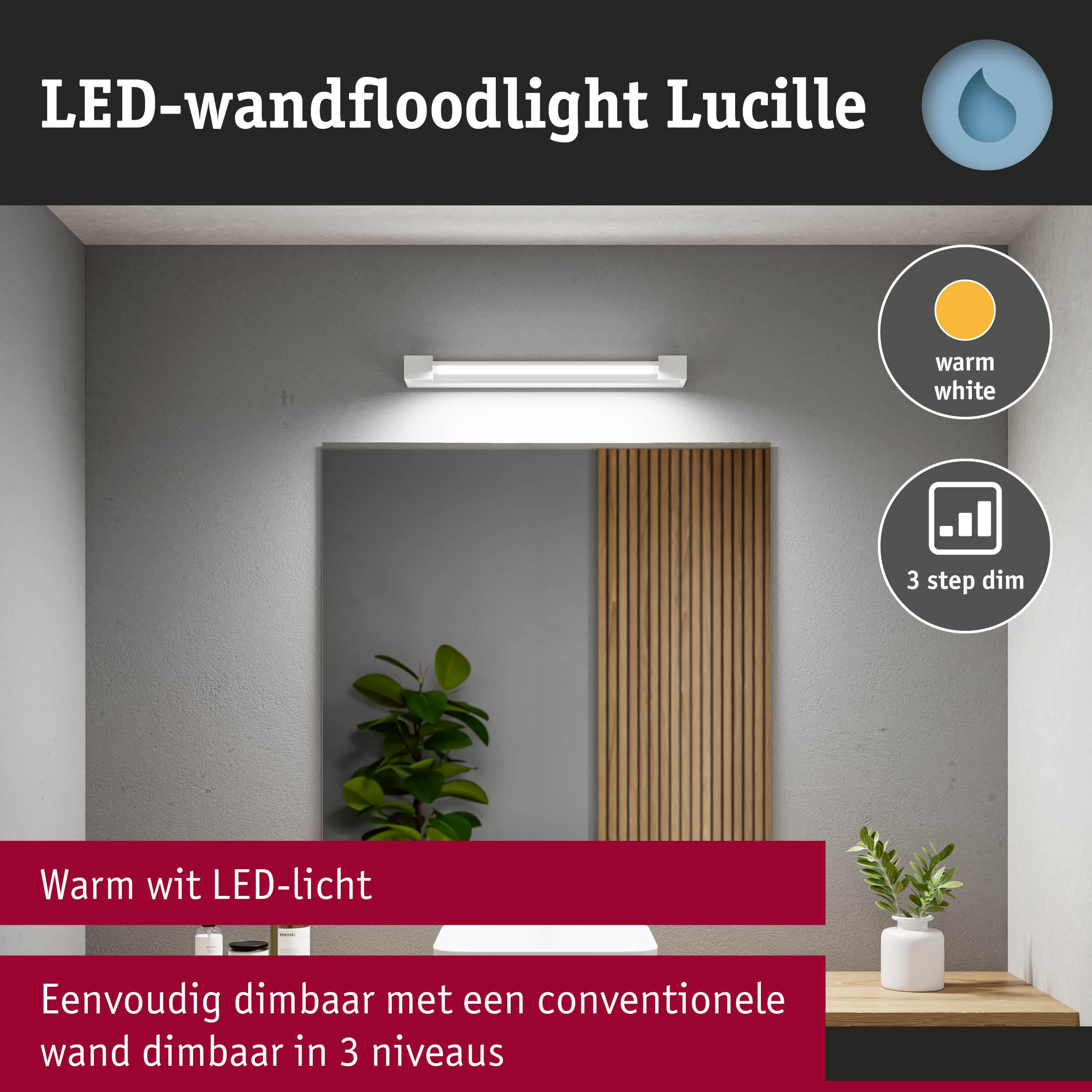 Witte LED-wandfloodlight Lucille met warm wit licht en 3-traps dimfunctie voor binnenverlichting