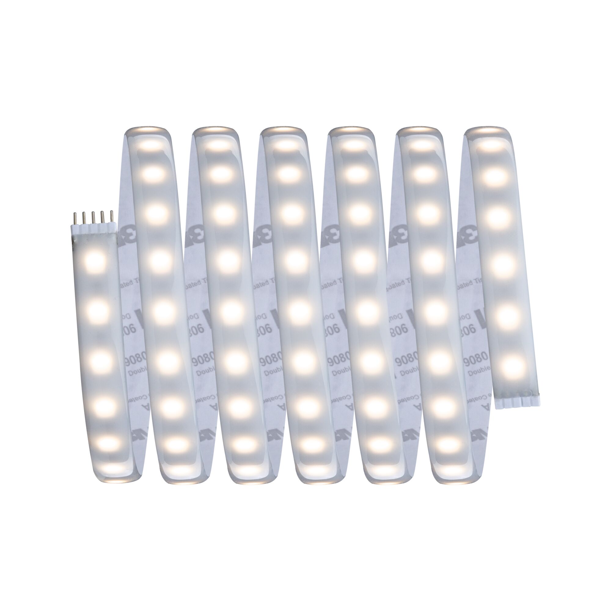 Flexible LED strip light with warm white LEDs and adhesive backing for versatile lighting solutions.