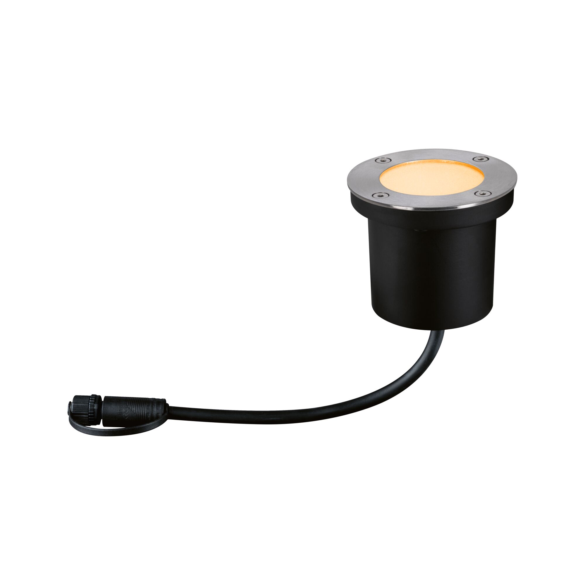 Rundes LED-Einbauleuchte aus schwarzem Metall mit warmweißem Licht und Anschlusskabel für Außenbeleuchtung