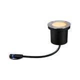 Spot encastré au sol rond en métal noir avec anneau en acier inoxydable et lumière blanche chaude
