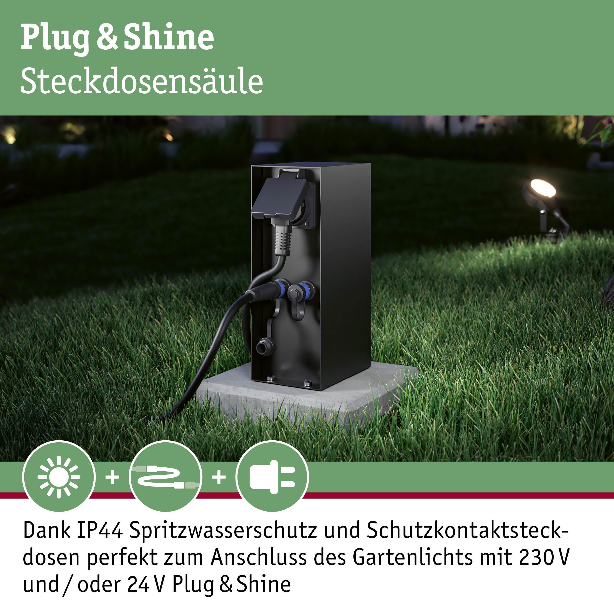 Schwarze Steckdosensäule aus Metall mit IP44 Spritzwasserschutz für Gartenbeleuchtung 230V und 24V Plug & Shine