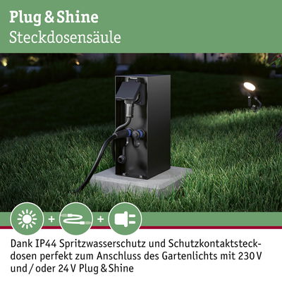 Schwarze Steckdosensäule aus Metall mit IP44 Spritzwasserschutz für Gartenbeleuchtung 230V und 24V Plug & Shine