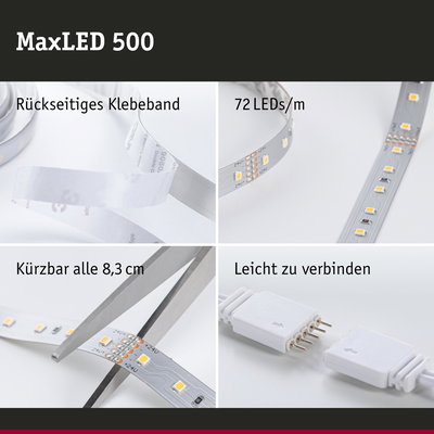 MaxLED 500 LED-Streifen mit rückseitigem Klebeband, 72 LEDs/m, kürzbar alle 8,3 cm, einfach verbindbar