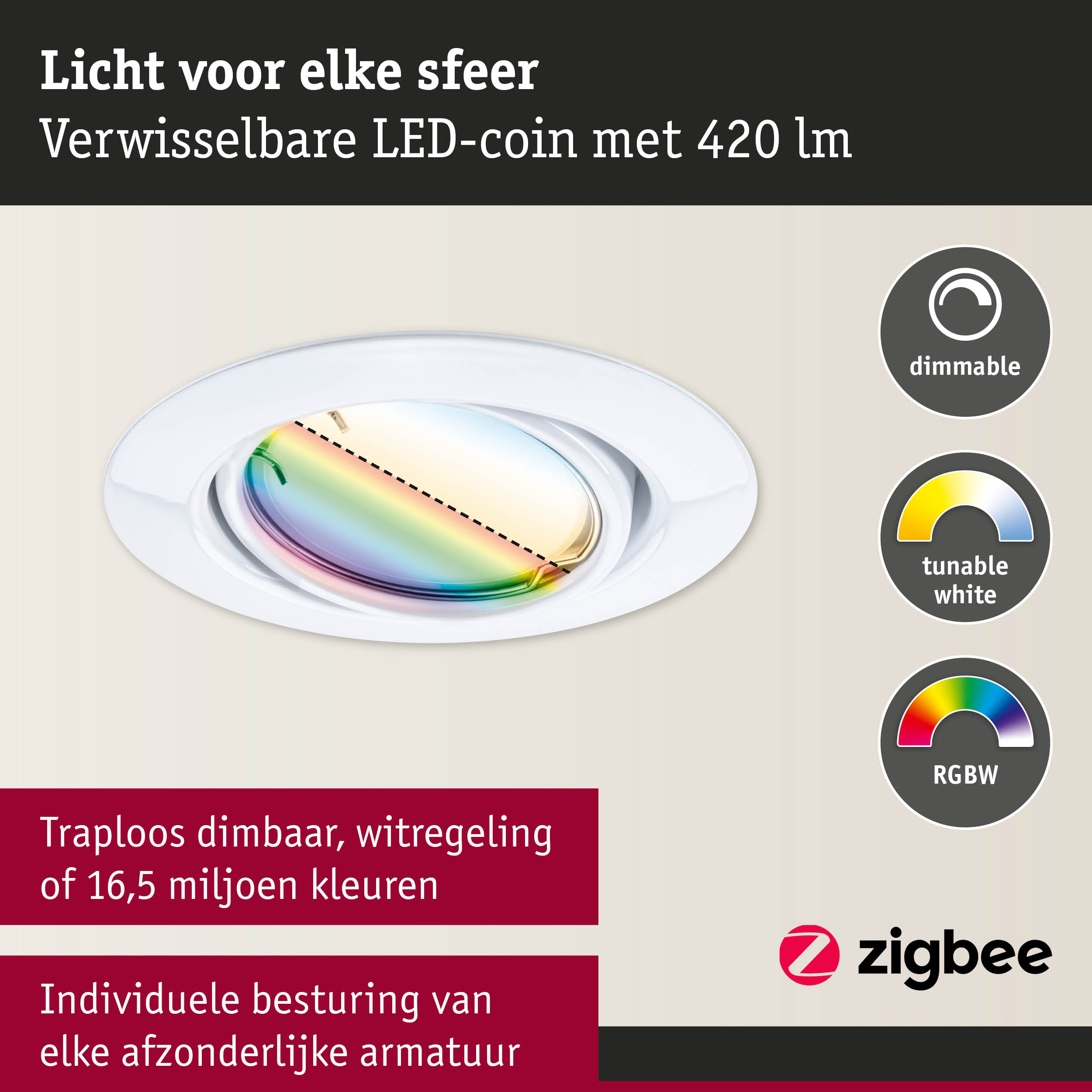 Witte inbouw LED-spot met dimbare, instelbare witregeling en RGBW-besturing voor aanpasbare verlichting