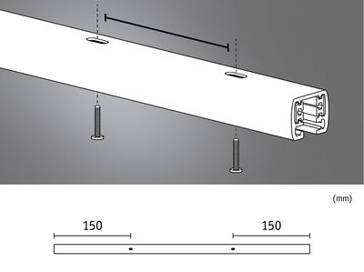 Dessin technique d'un profilé en aluminium blanc avec vis et espacement de 150 mm pour montage rail LED.