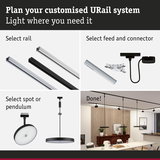 Guide to customize URail lighting system with rails, connectors, spotlights, and pendants in black and silver