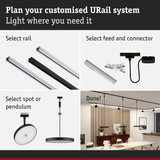 Modular URail track system with rails, connectors, and pendant lights for customizable lighting solutions