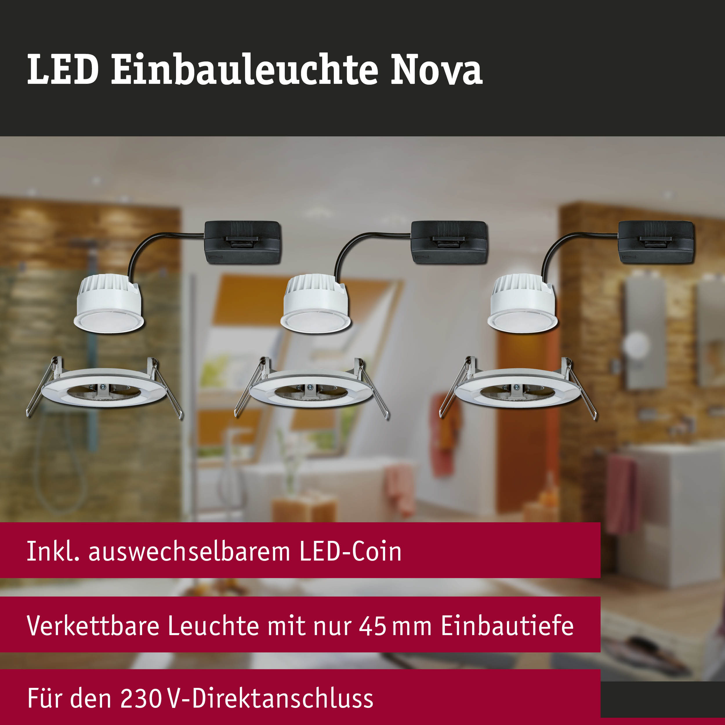 LED Einbauleuchte Nova in Weiß mit schwarzem Anschlusskabel, energiesparende Deckenbeleuchtung