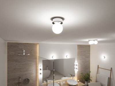 Rund loftlampe med hvidt glas og metalramme i moderne badeværelse med spejl og håndvask.