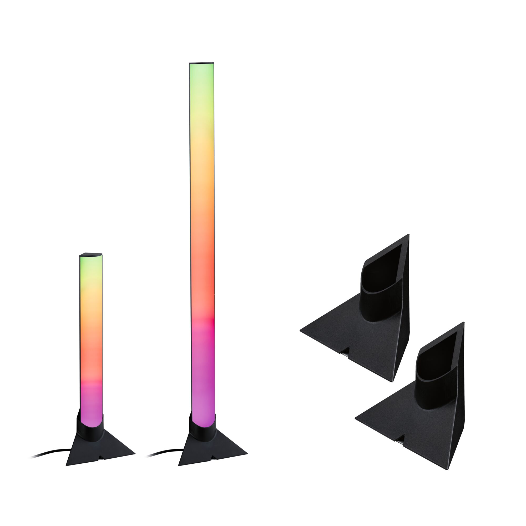 Deux lampes sur pied LED multicolores avec base noire et deux supports noirs pour éclairage d'ambiance.