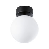 Round ceiling light with white glass and black metal base, modern LED indoor lighting