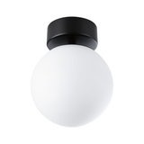 Round ceiling light with white glass and black metal base, modern LED indoor lighting