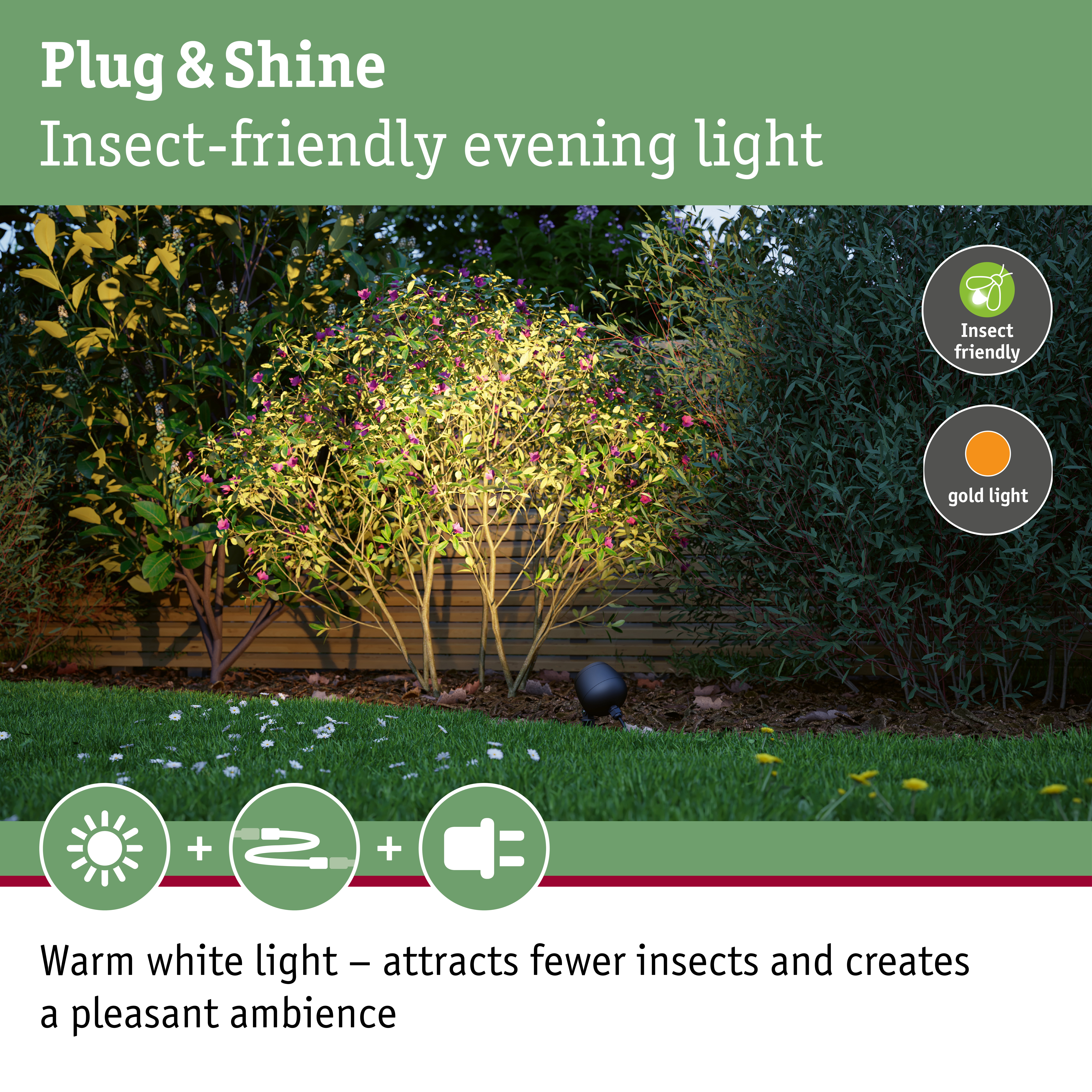 Garden spotlight with insect-friendly evening light providing protection against insects outdoors