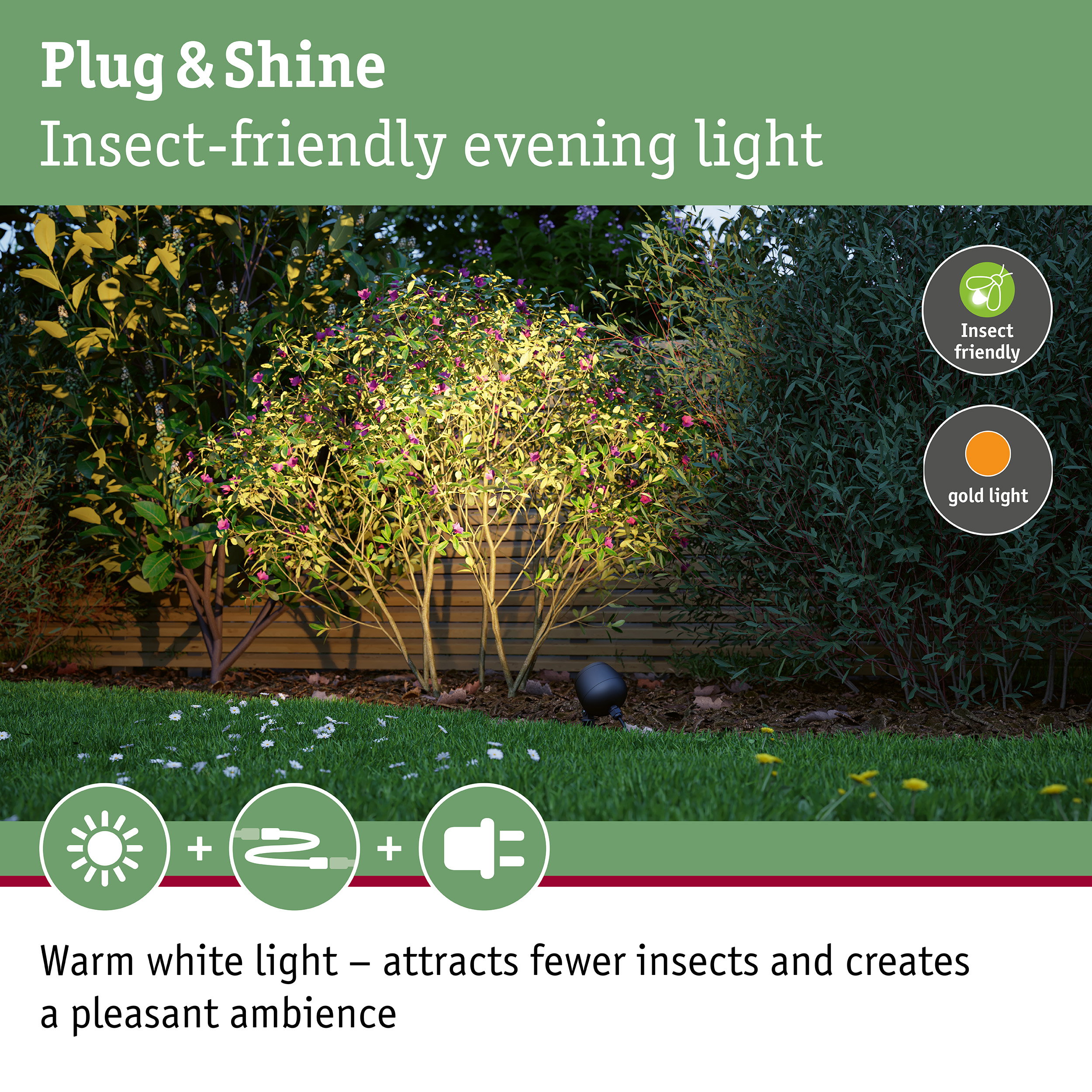 Garden spotlight with insect-friendly evening light providing protection against insects outdoors