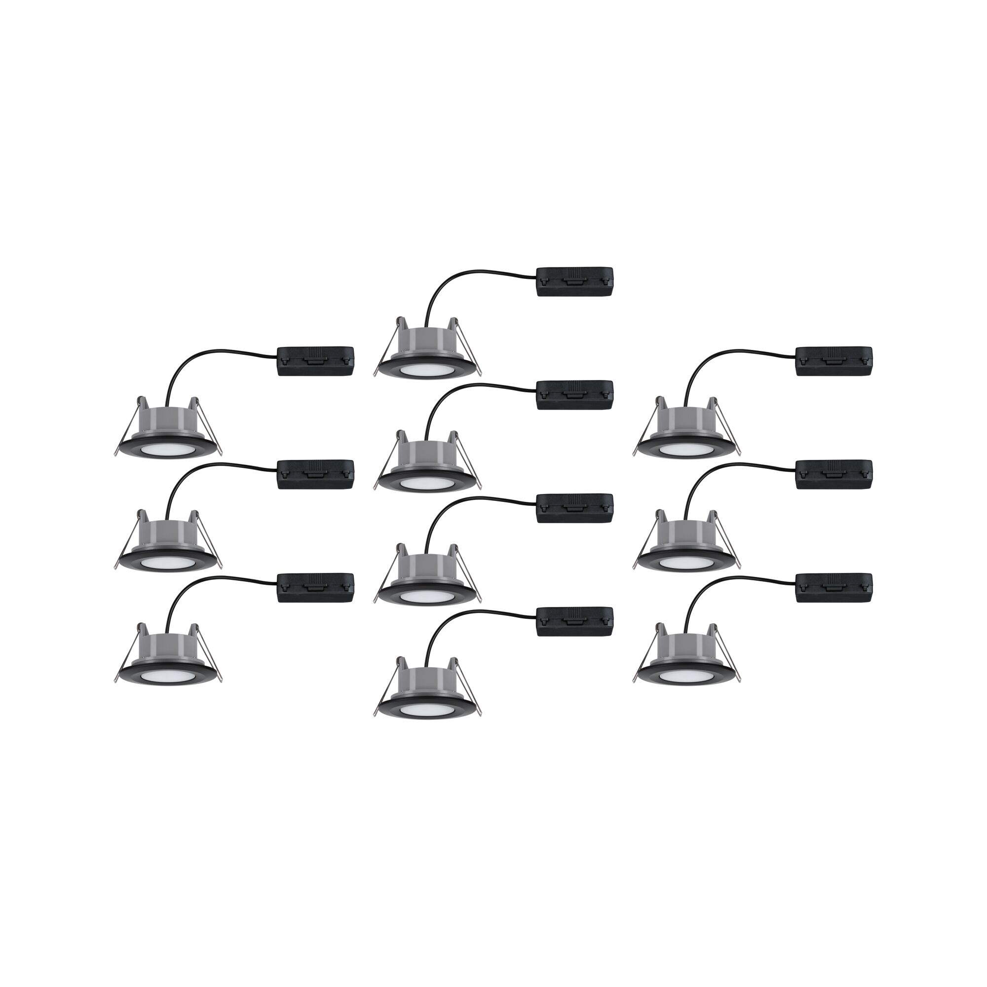 Set of ten grey LED recessed spotlights with black cables for modern indoor lighting