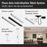 Anleitung zur Planung eines URail-Systems mit Schienen, Verbindern, Spots und Pendelleuchten in Weiß und Schwarz