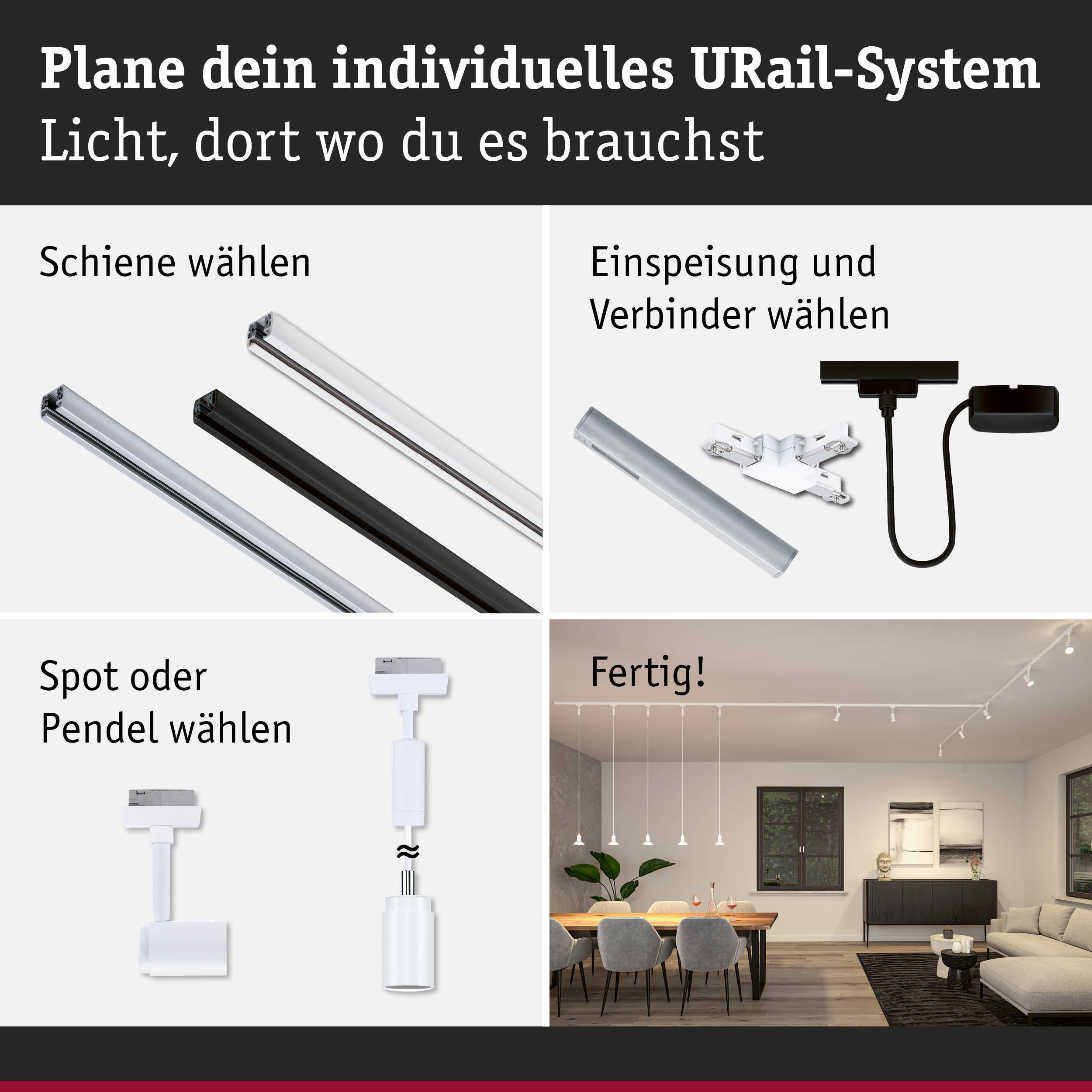 Modulares URail-Schienensystem in Schwarz und Weiß mit Spots und Pendelleuchten für individuelle Lichtplanung
