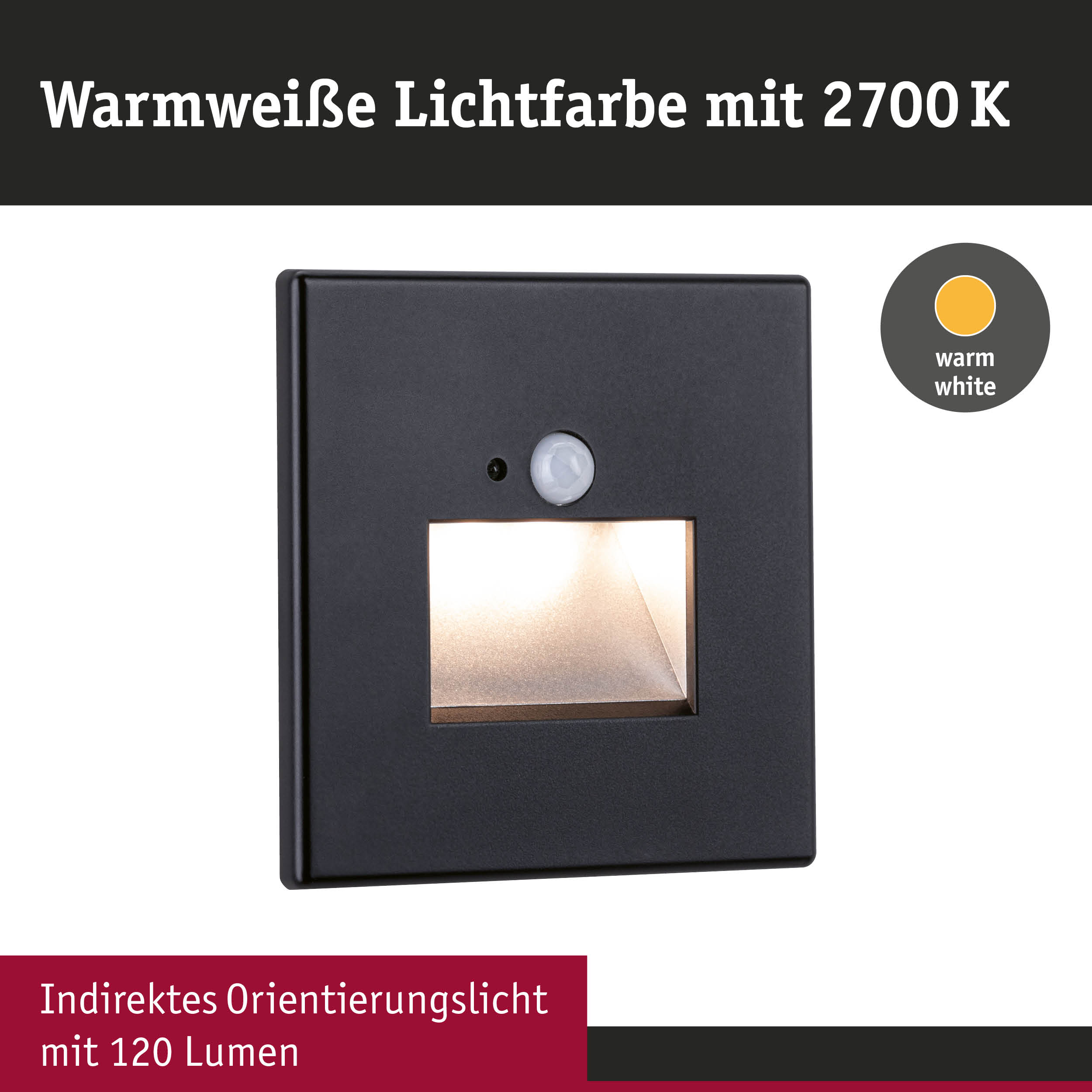 Schwarze LED-Außenwandleuchte mit warmweißem Licht 2700K und 120 Lumen für Orientierung