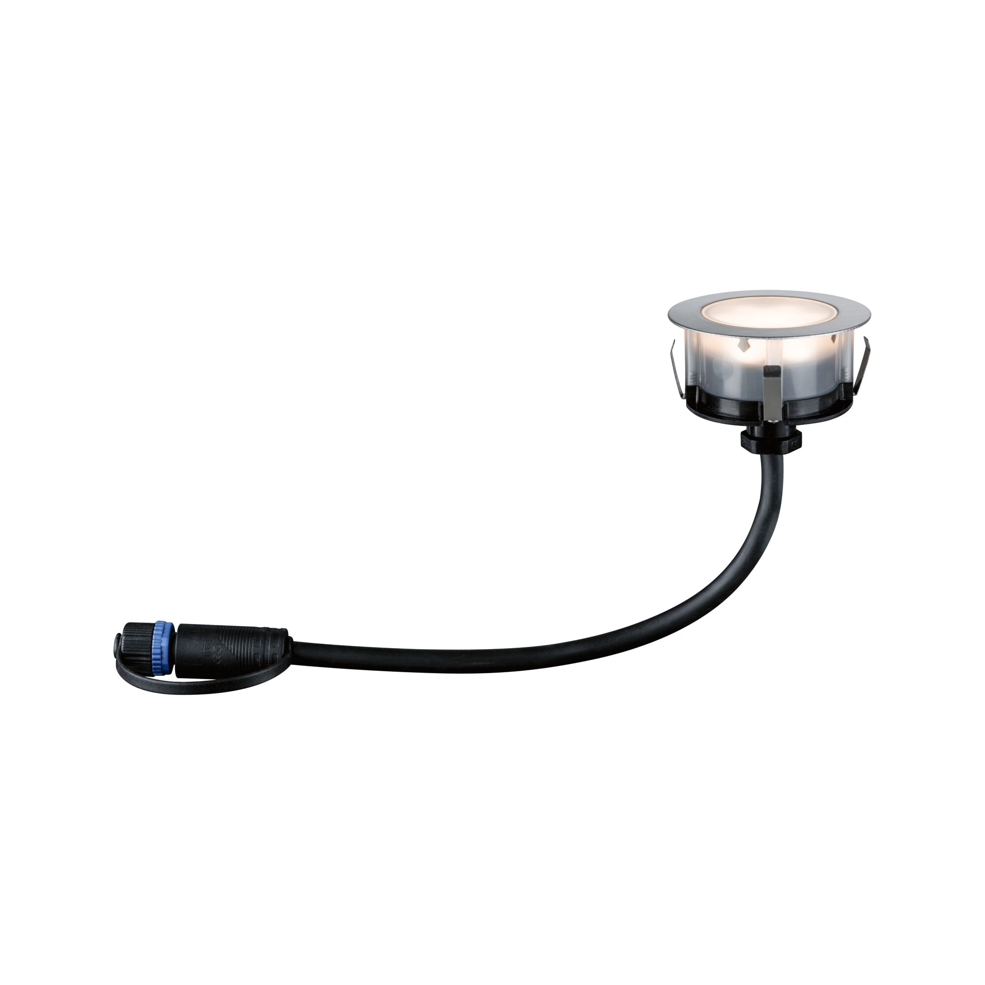 Round LED recessed light with stainless steel trim and black cable for outdoor lighting