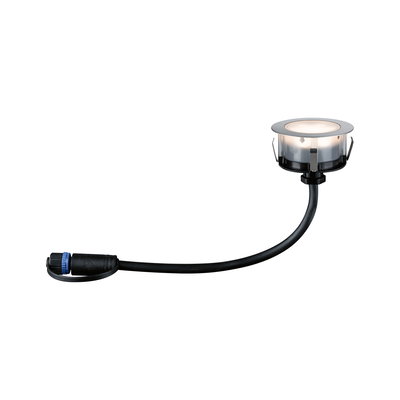 Round LED recessed light with stainless steel trim and black cable for outdoor lighting